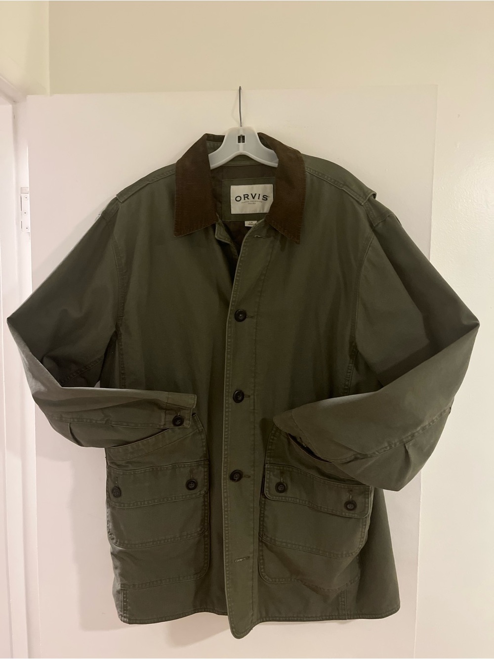 Orvis Men's Olive Green Barn Chore Jacket with Brown Corduroy Collar